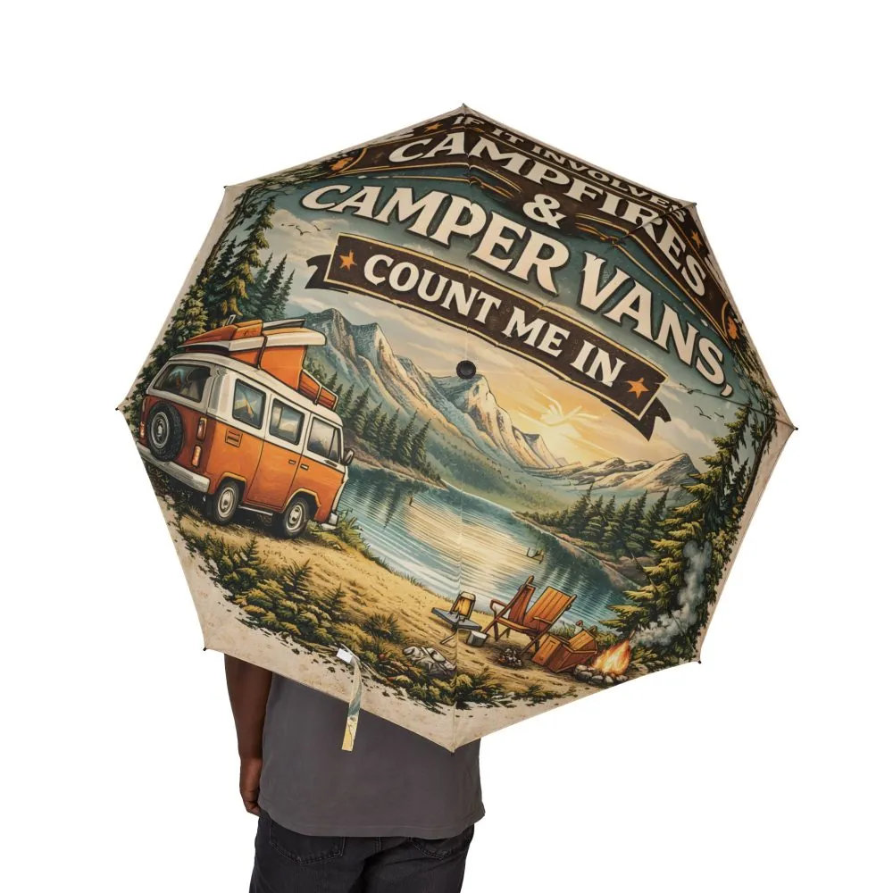 Semi-Automatic Foldable Umbrella — "If It Involves Campfires-Count Me In" Vintage Adventure Print