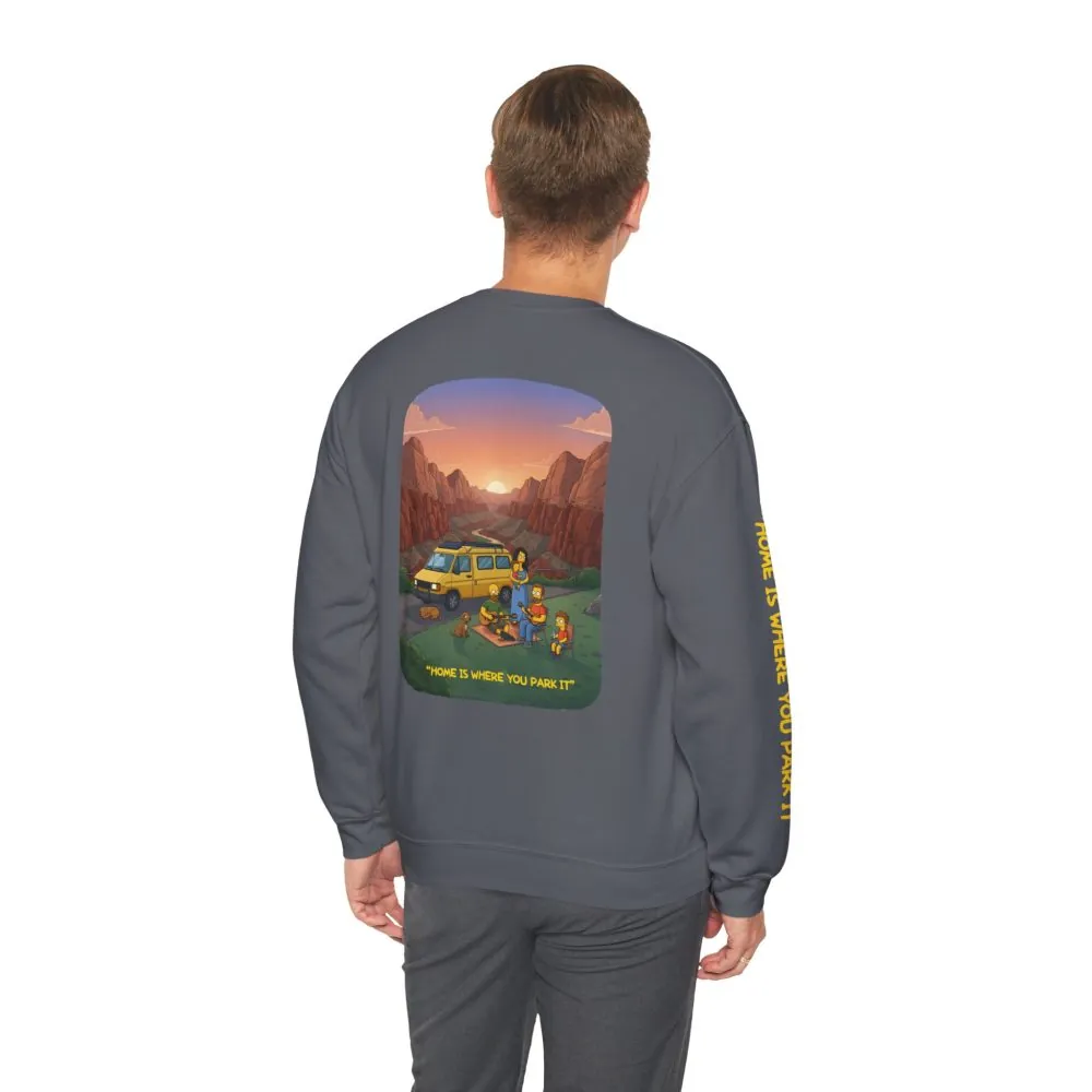 Unisex Heavy Blend™ Crewneck Sweatshirt — "Home Is Where You Park It" Design Sitcom-Line