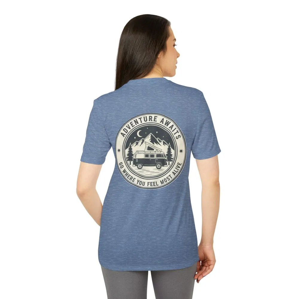 T-Shirt(Adidas) - 'Adventure Awaits-Go Where You Feel Most Alive' (Front + back printed)