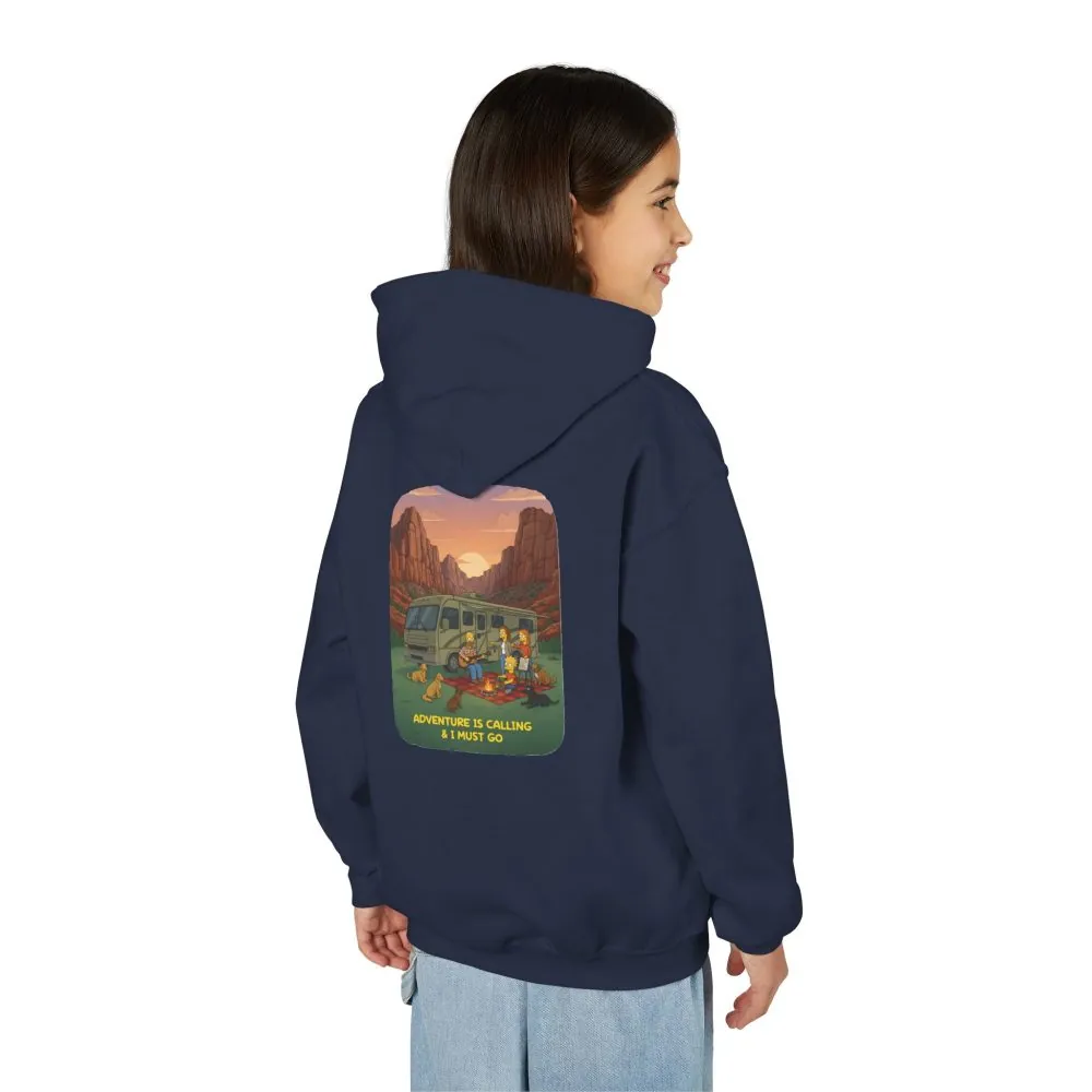 Youth Hoodie(Gildan) – "Adventure Is Calling-I Must Go" (Design Sitcom-Line)