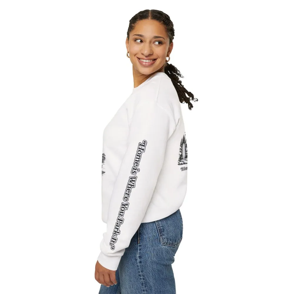 Unisex Heavy Blend™ Crewneck Sweatshirt — "Home Is Where You Park It" Design Minimal-Line