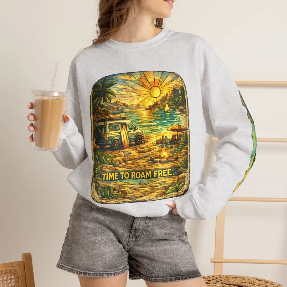 Unisex Heavy Blend™ Crewneck Sweatshirt — "Time To Roam Free" Design Cubic-Line