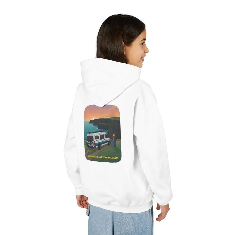 Youth Hoodie(Gildan) – "Ocean Views-Adventures Awaits" (Design Sitcom-Line)