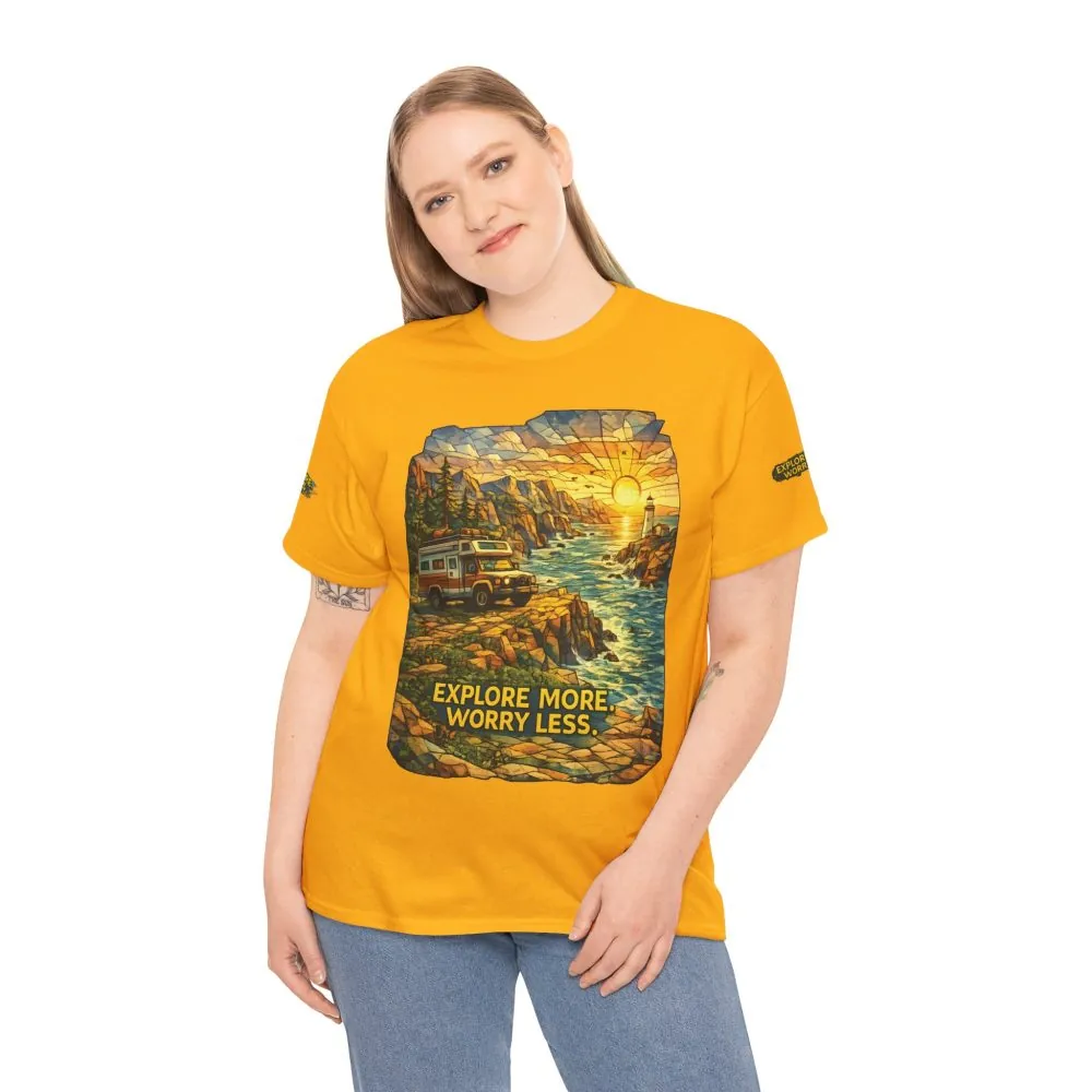 14939676072966518385_2048.jpeg Unisex Heavy Cotton Tee — "Explore More Worry Less" Design Cubic-Line