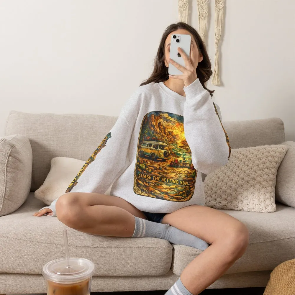 Unisex Heavy Blend™ Crewneck Sweatshirt — "Chase The Settings Sun" Design Cubic-Line