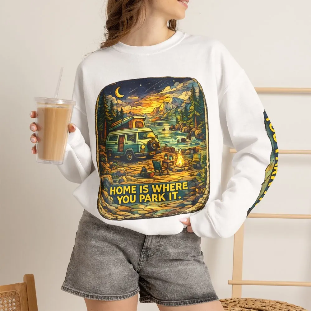 Unisex Heavy Blend™ Crewneck Sweatshirt — "Home Is Where You Park It" Design Cubic-Line