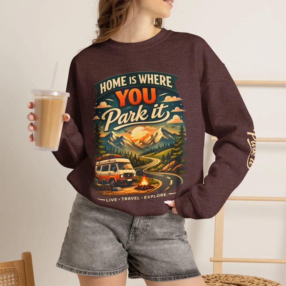 Unisex Heavy Blend™ Crewneck Sweatshirt — "Home Is Where You Park It" Design Scenic-Line