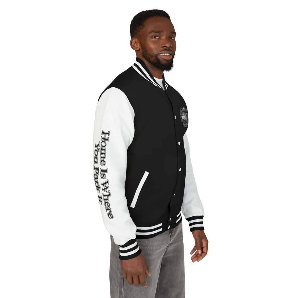Unisex Heavyweight Letterman Jacket — "Home Is Where You Park It" Travel Varsity Coat