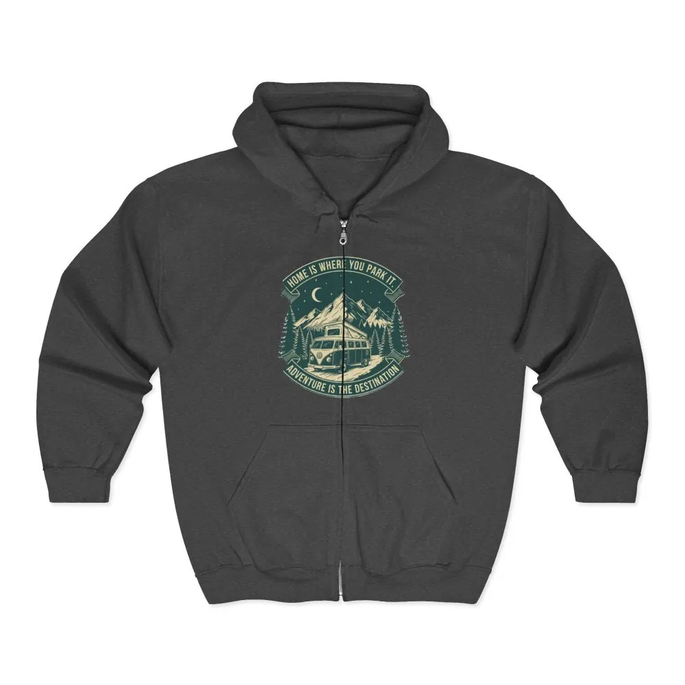 15011217110669035837_2048.jpeg Zip Hoodie — "Home Is Where You Park It-Adventure is the destination"(Front + Back Printed) Camper Van Adventure Zip-Up