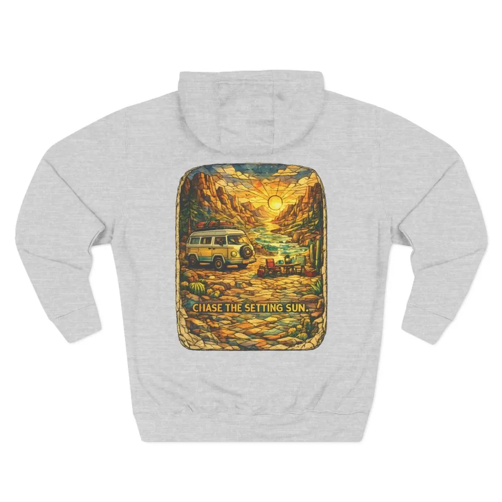 Three-Panel Fleece Hoodie - "Chase The Settings Sun" Design Cubic-Line