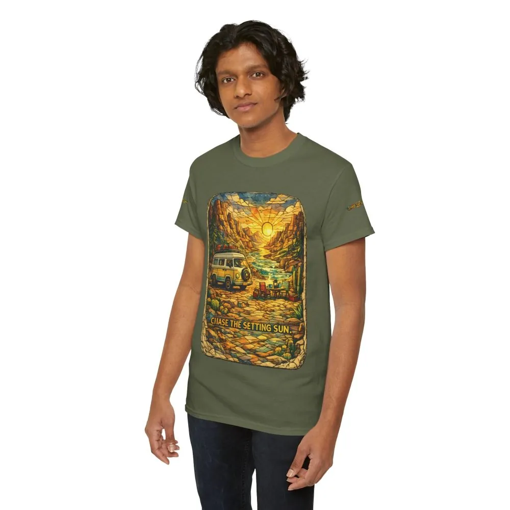 Unisex Heavy Cotton Tee — "Chase The Settings Sun" Design Cubic-Line