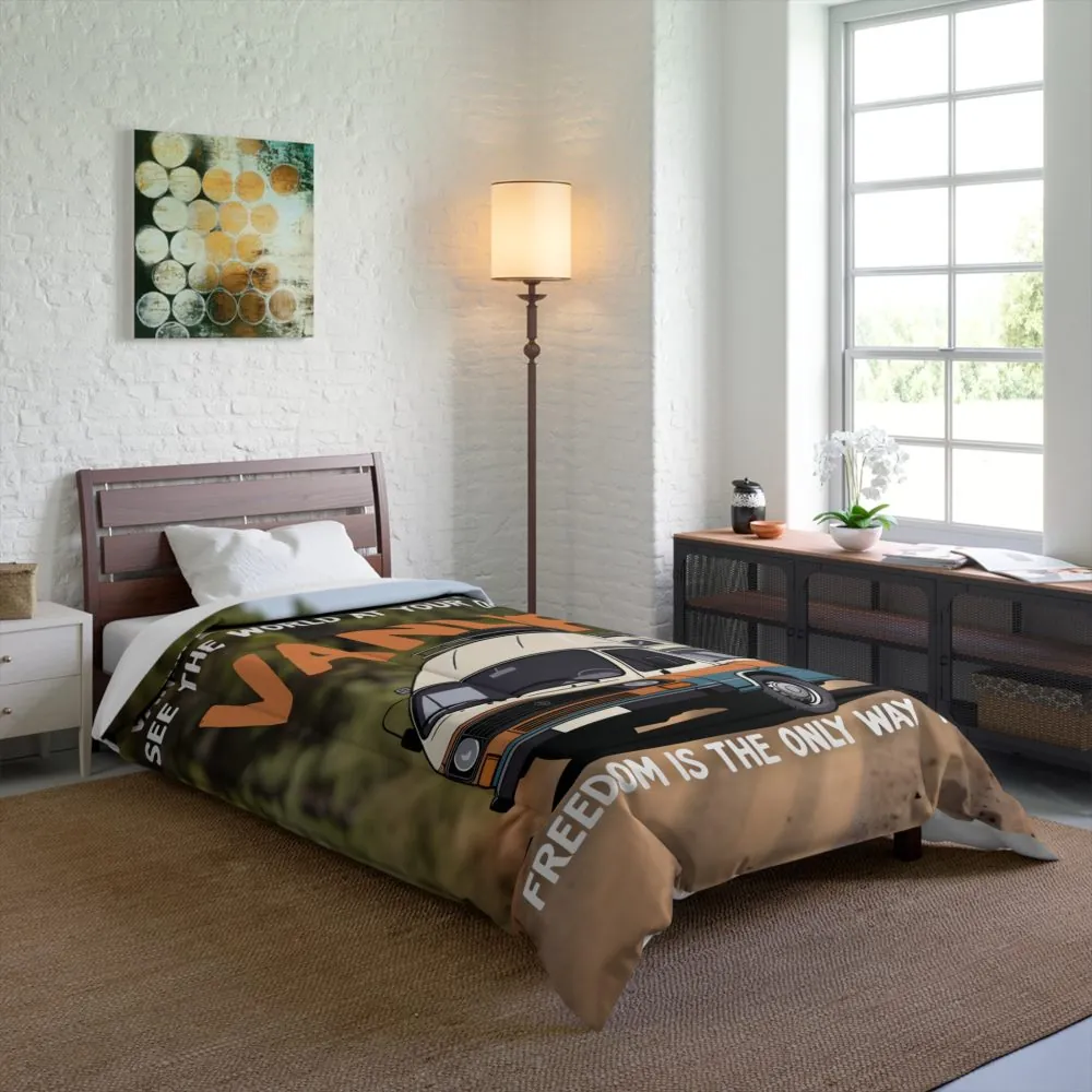 Comforter — "Vanlife freedom is the only way to live" Vintage Camper Van Graphic Comforter