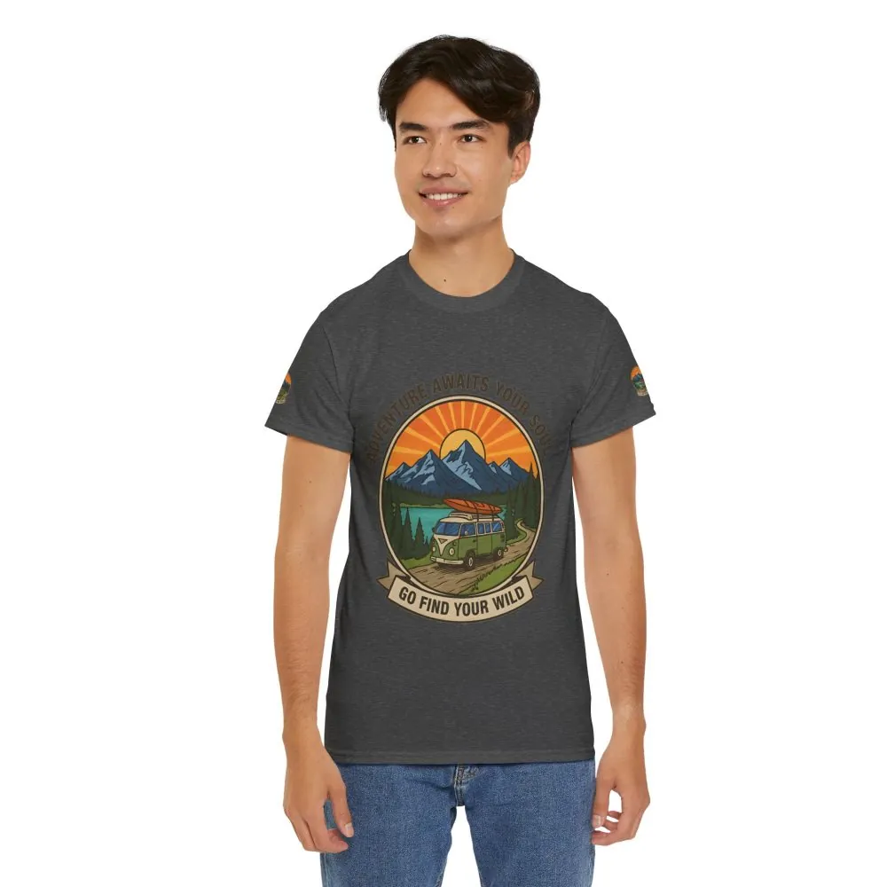 Unisex Heavy Cotton Tee — “Adventure Awaits Your Soul: Go Find Your Wild” Van & Mountain Graphic