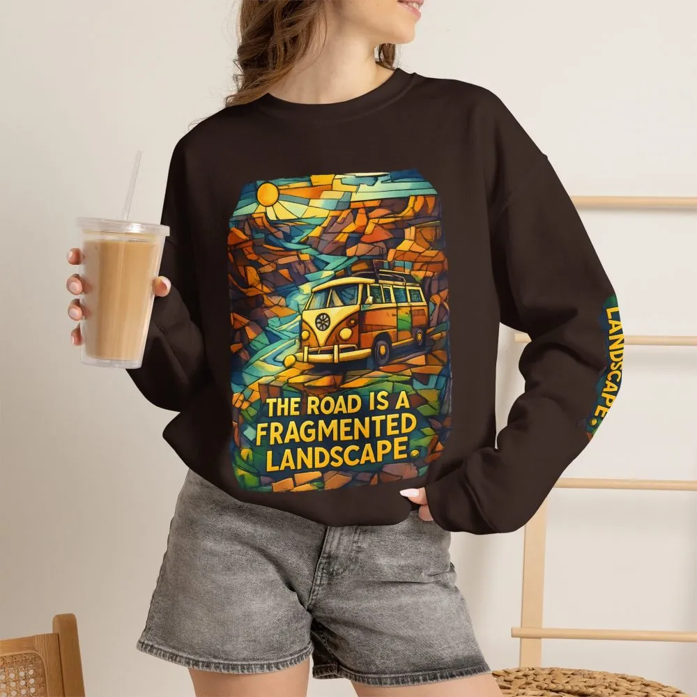 Unisex Heavy Blend™ Crewneck Sweatshirt — "The Road Is A Fragmented Landscape" Design Cubic-Line