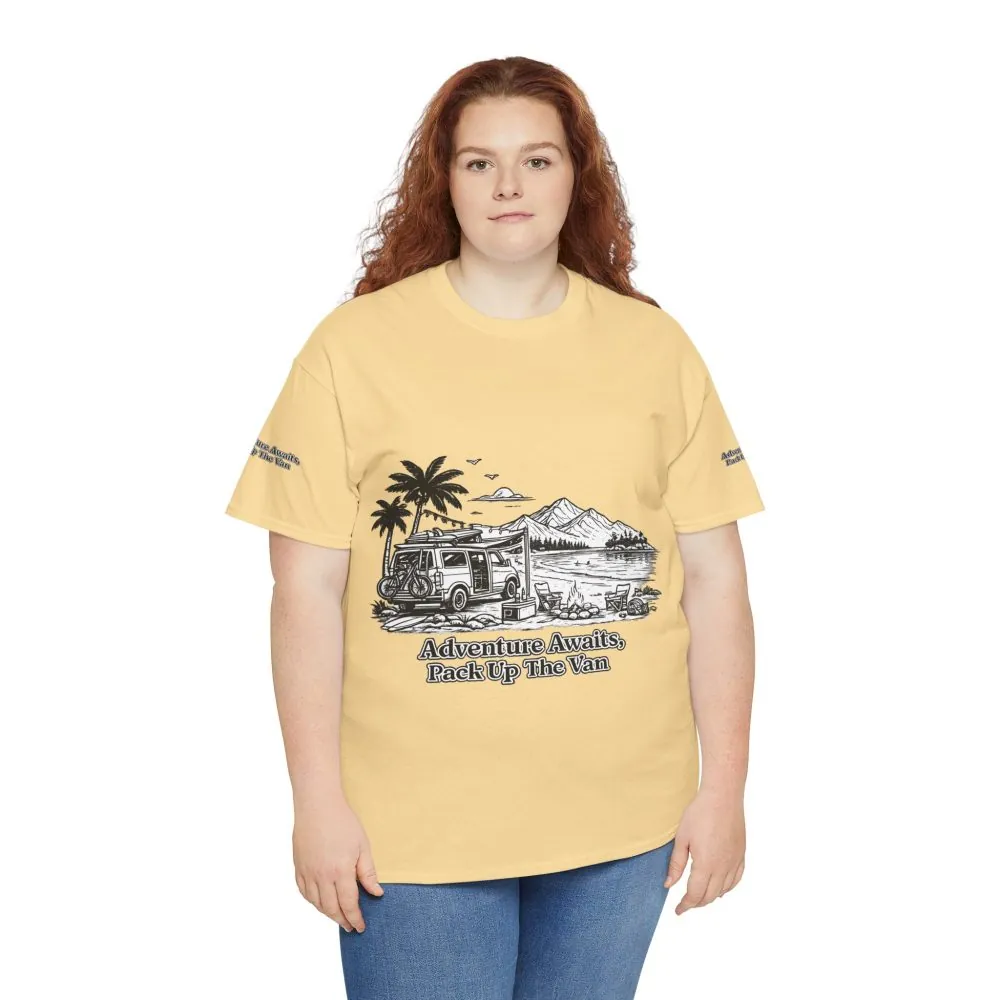 Unisex Heavy Cotton Tee — "Adventure Awaits,Pack Up The Van" Design Minimal-Line