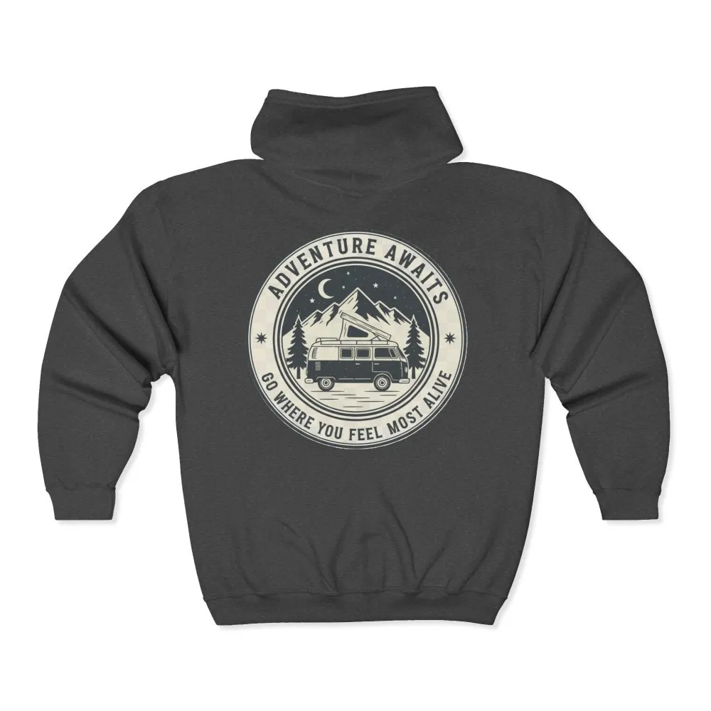 15069985540550160363_2048.jpeg Zip Hoodie — "Adventure Awaits-Go Where You Feel Most Alive" (Only Back Printed) Camper Van Adventure Zip-Up