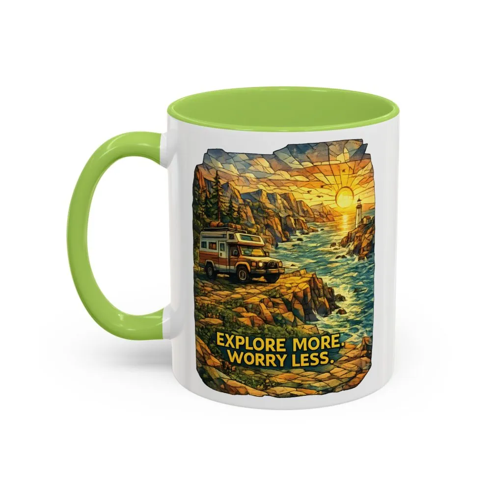 Accent Coffee Mug (11, 15oz) — "Explore More Worry Less" Design Cubic-Line