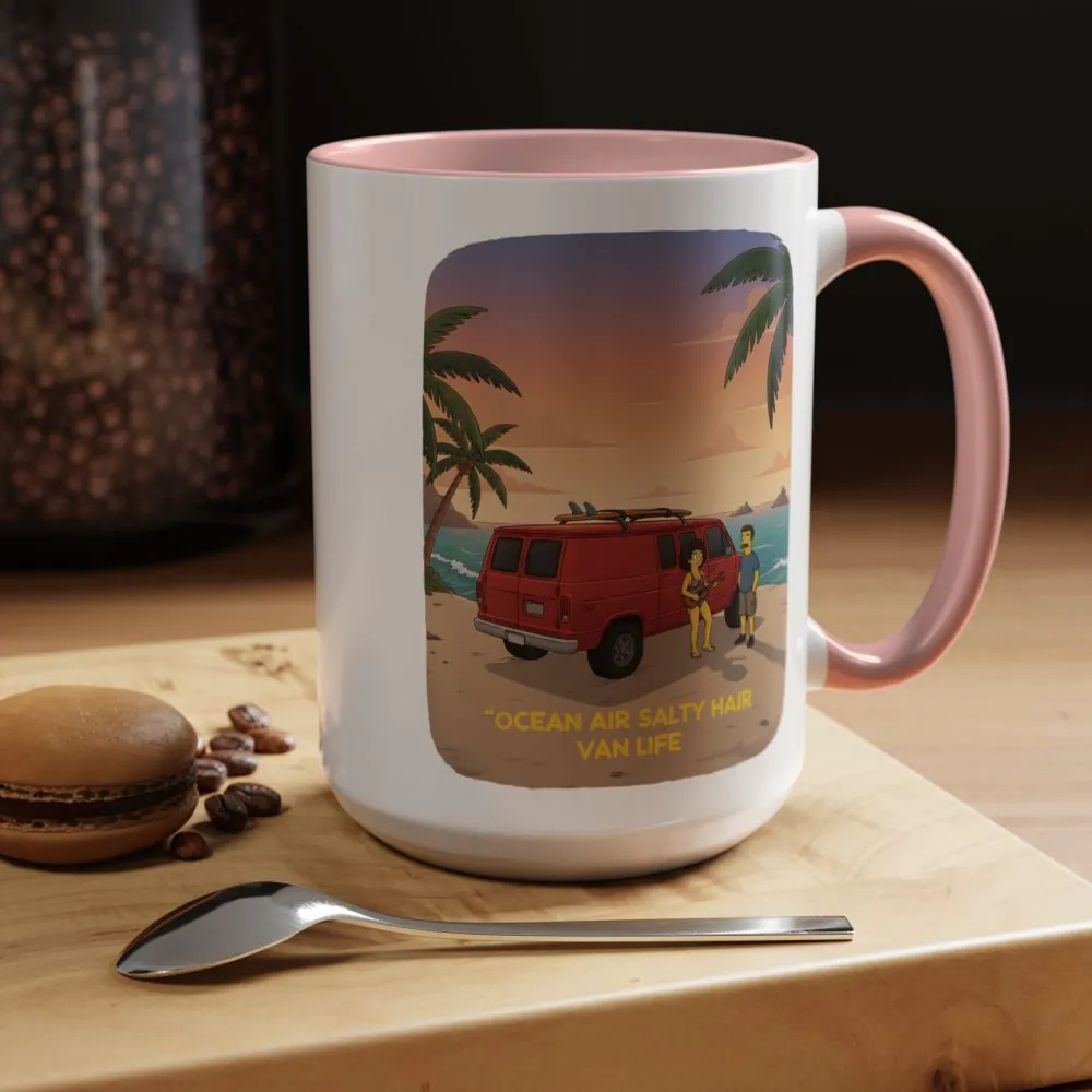 Accent Coffee Mug (11, 15oz) — "Ocean Air Salty Hair Van Life" Design Sitcom-Line