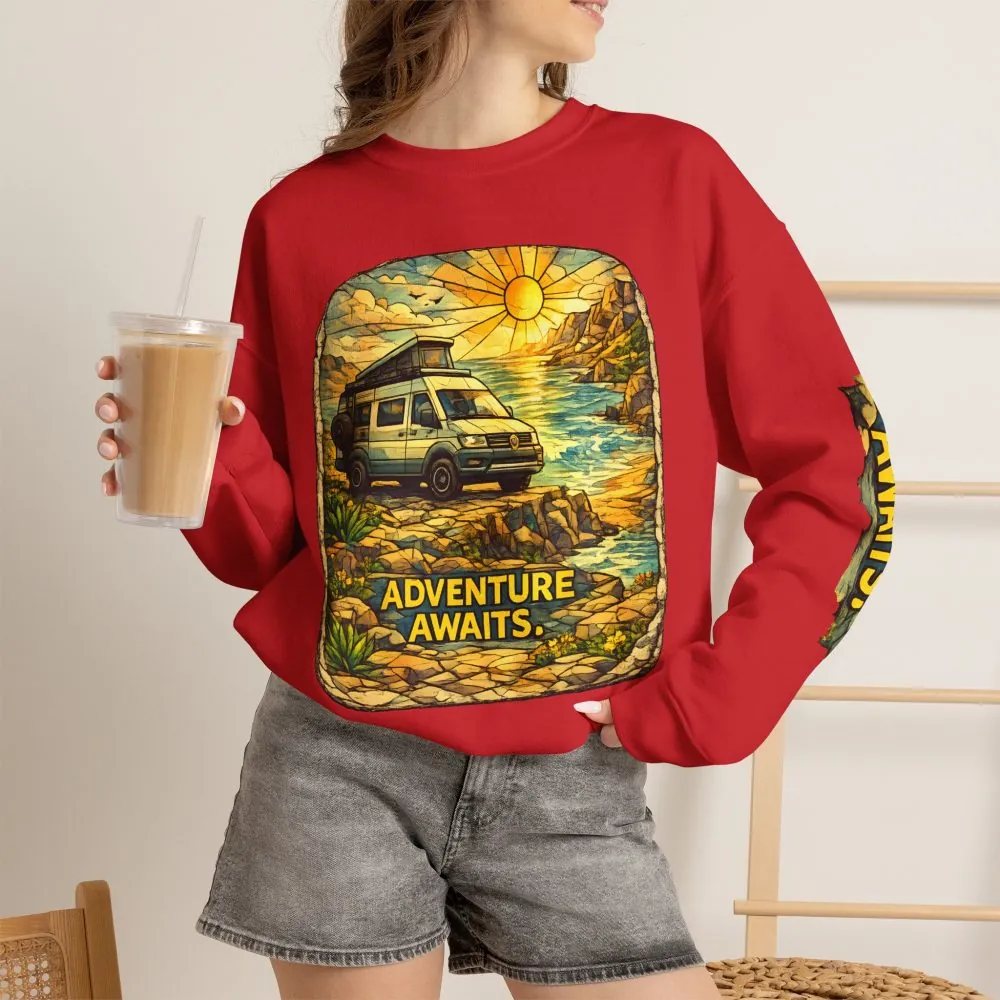 15074031141085128813_2048.jpeg Unisex Heavy Blend™ Crewneck Sweatshirt — "Adventure Awaits" Design Cubic-Line