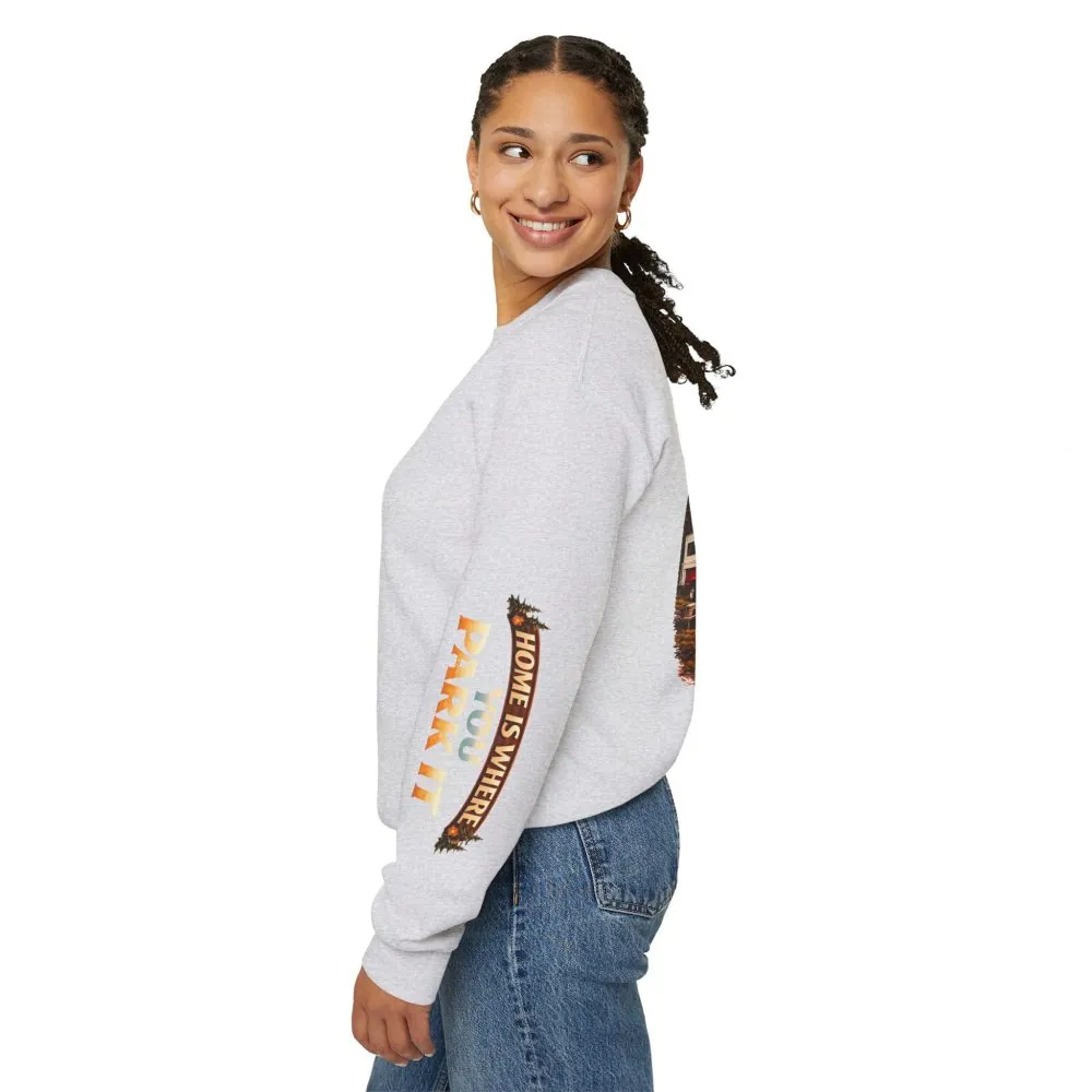 Unisex Heavy Blend™ Crewneck Sweatshirt — "Home Is Where You Park It" Design Scenic-Line