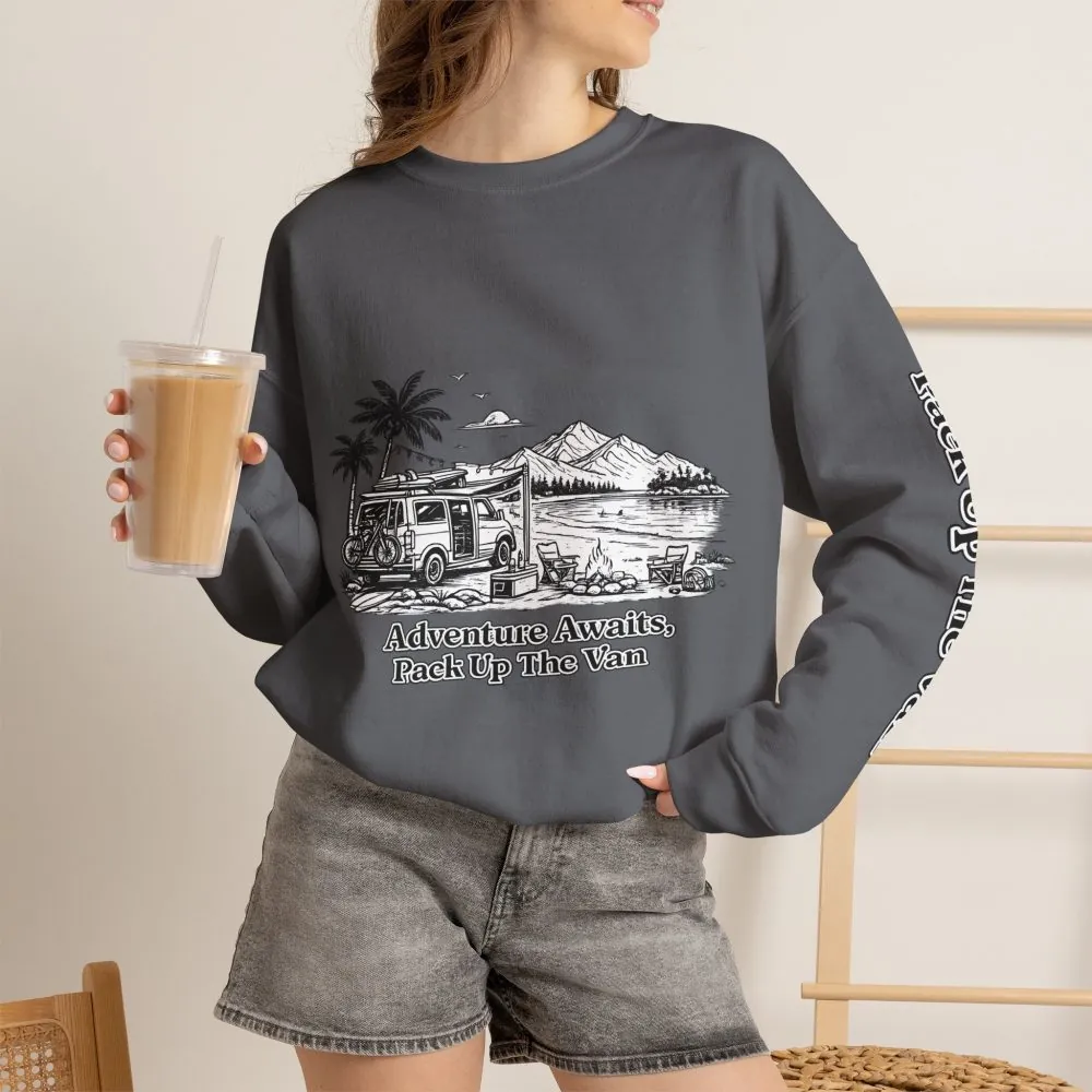 Unisex Heavy Blend™ Crewneck Sweatshirt — "Adventure Awaits,Pack Up The Van" Design Minimal-Line