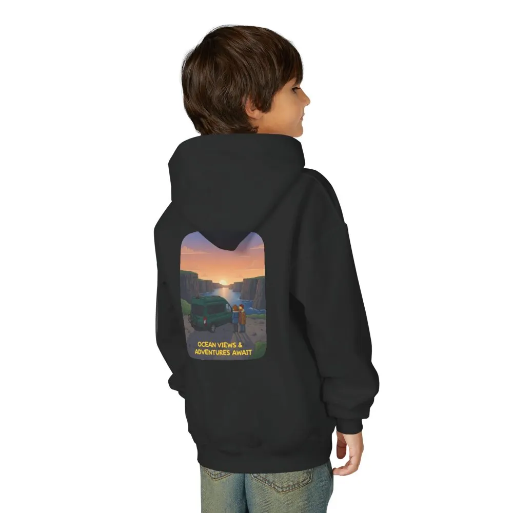 Youth Hoodie(Gildan) – "Ocean Views-Adventures Awaits" (Design Sitcom-Line)
