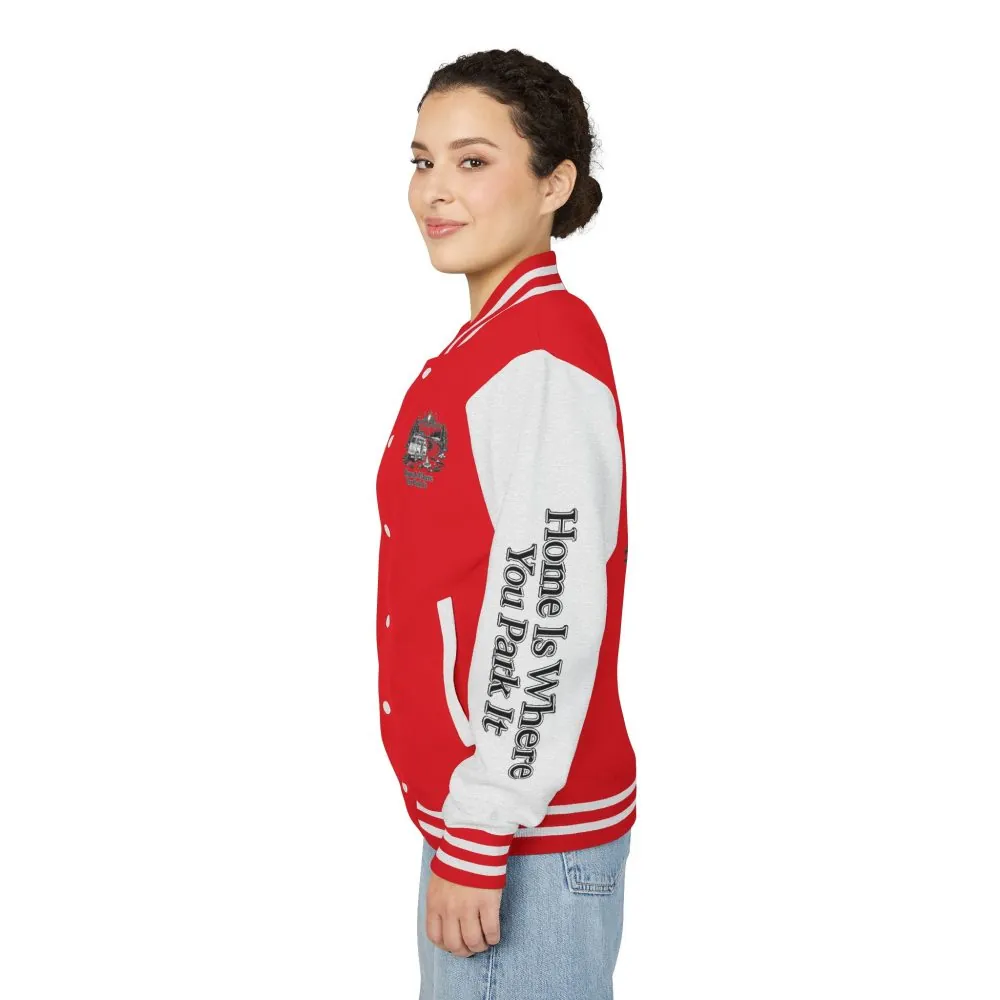 Unisex Heavyweight Letterman Jacket — "Home Is Where You Park It" Travel Varsity Coat