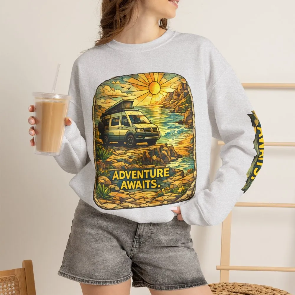 15112673016274526241_2048.jpeg Unisex Heavy Blend™ Crewneck Sweatshirt — "Adventure Awaits" Design Cubic-Line