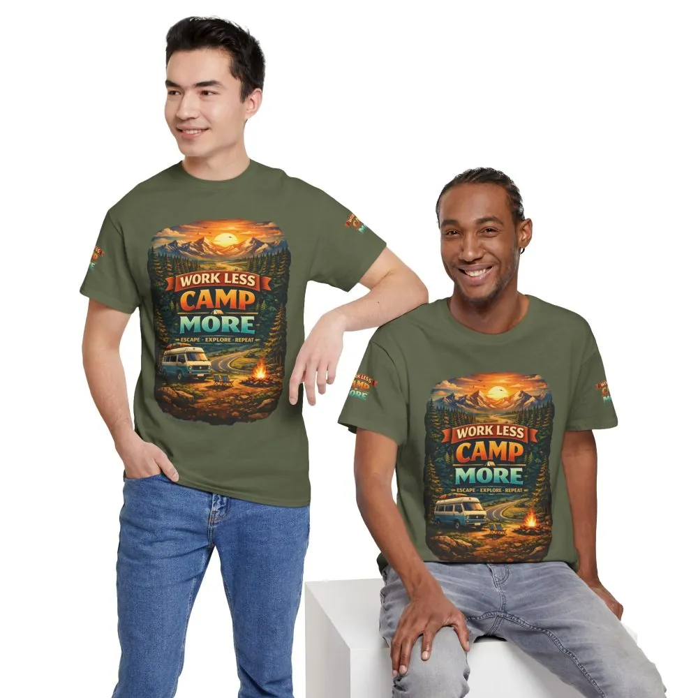 Unisex Heavy Cotton Tee — "Work Less Camp More" Design Scenic-Line