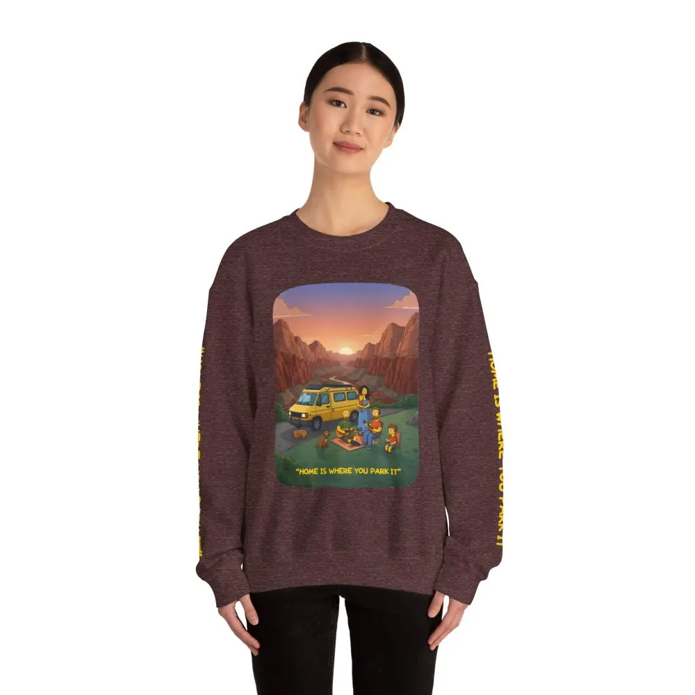 Unisex Heavy Blend™ Crewneck Sweatshirt — "Home Is Where You Park It" Design Sitcom-Line