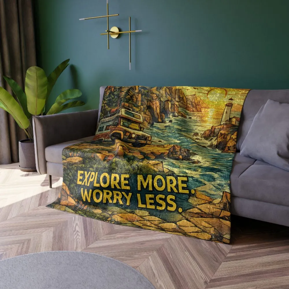 Crushed Velvet Blanket —"Explore More Worry Less" Design Cubic-Line (Campervan)