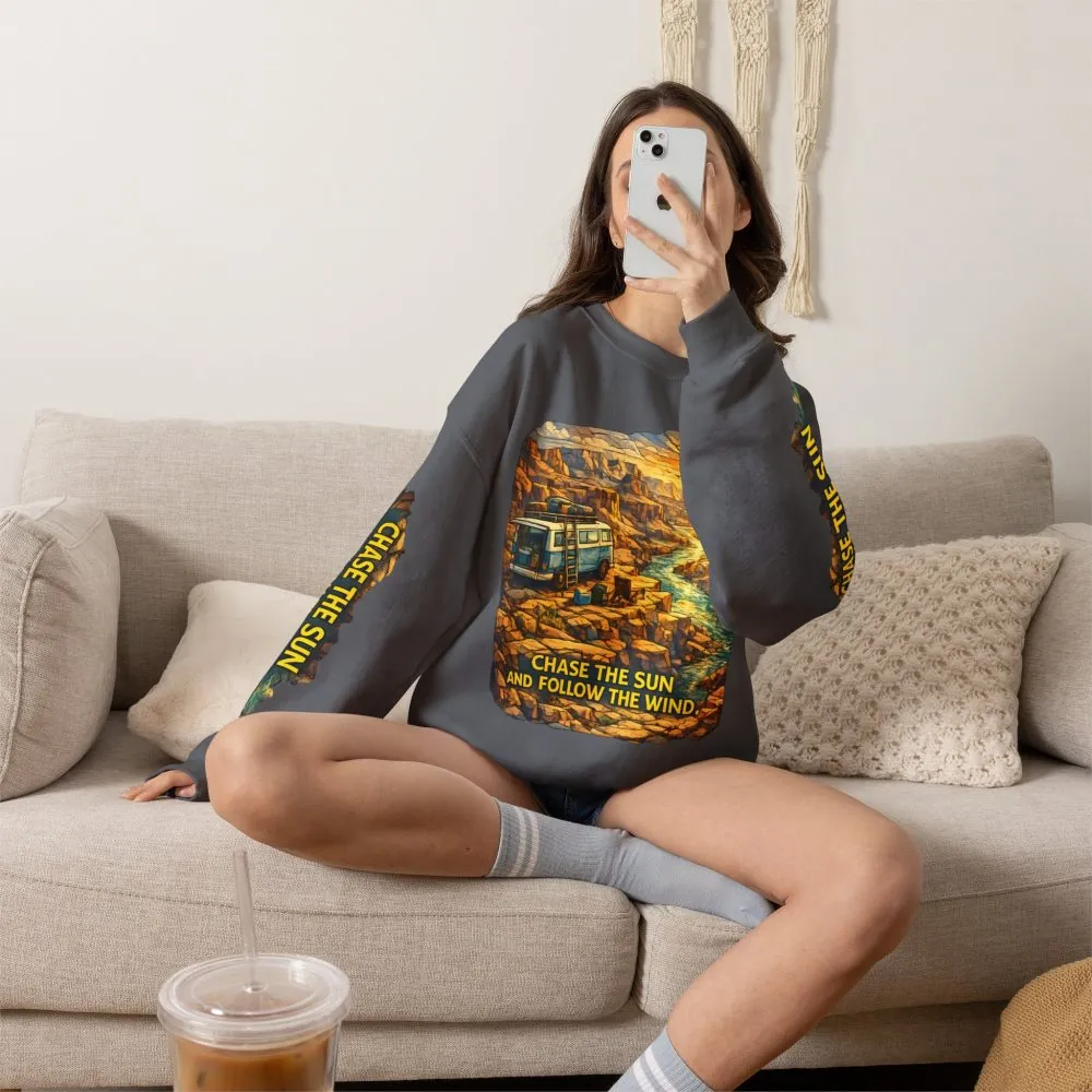 Unisex Heavy Blend™ Crewneck Sweatshirt — "Chase The Sun And Follow The Wind" Design Cubic-Line