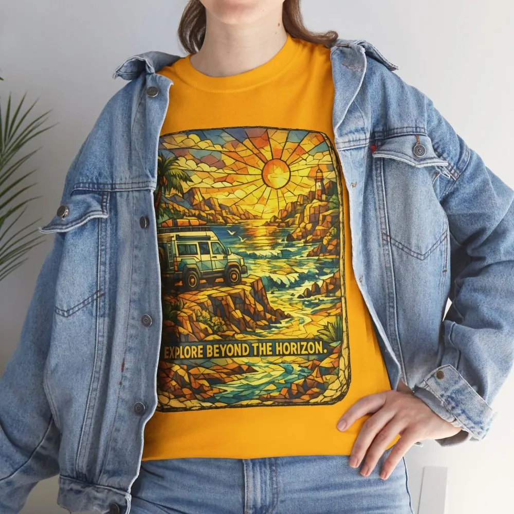 Unisex Heavy Cotton Tee — "Explore Beyond The Horizon" Design Cubic-Line
