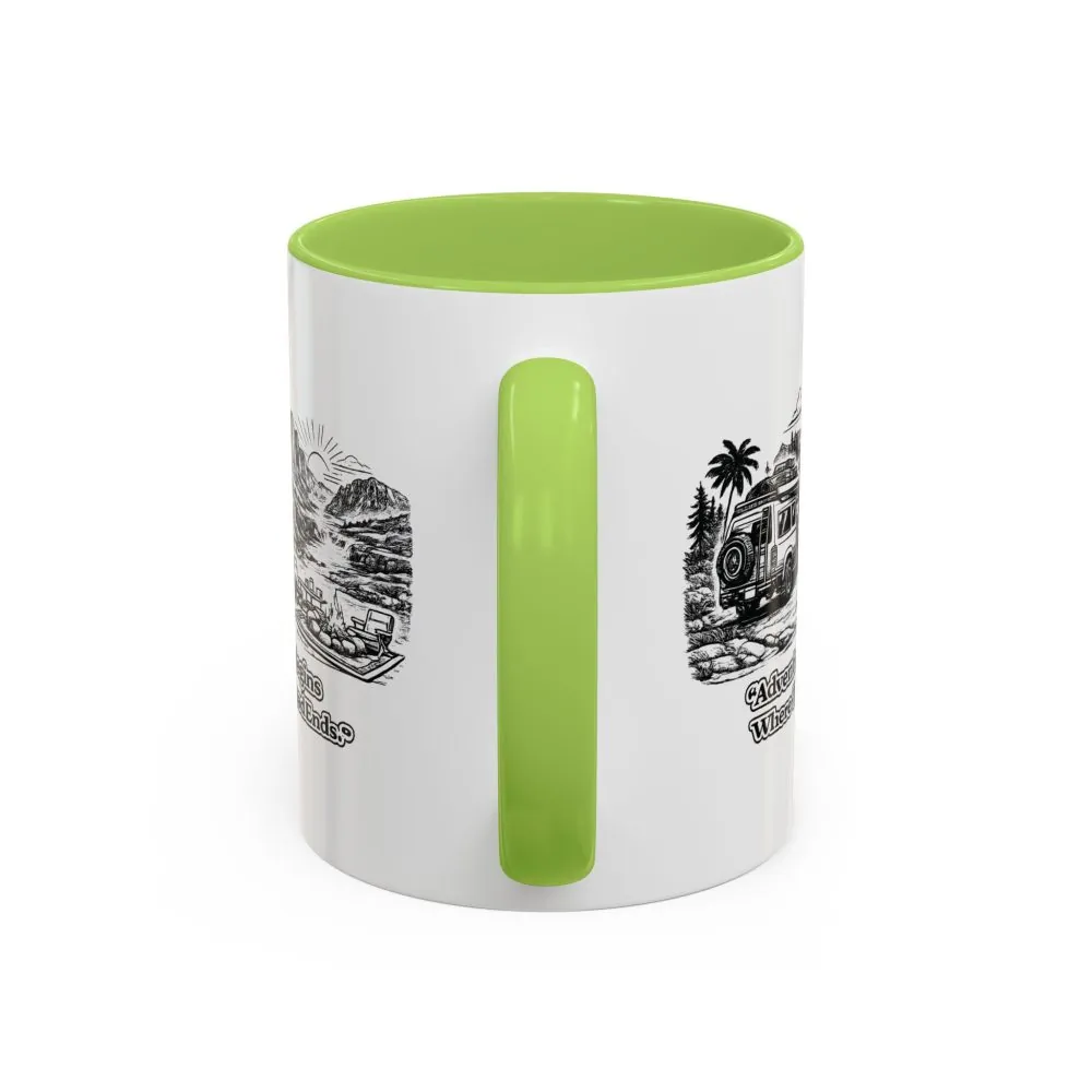 Accent Coffee Mug (11, 15oz) — "Adventure Begins Where The Road Ends" Design Minimal-Line