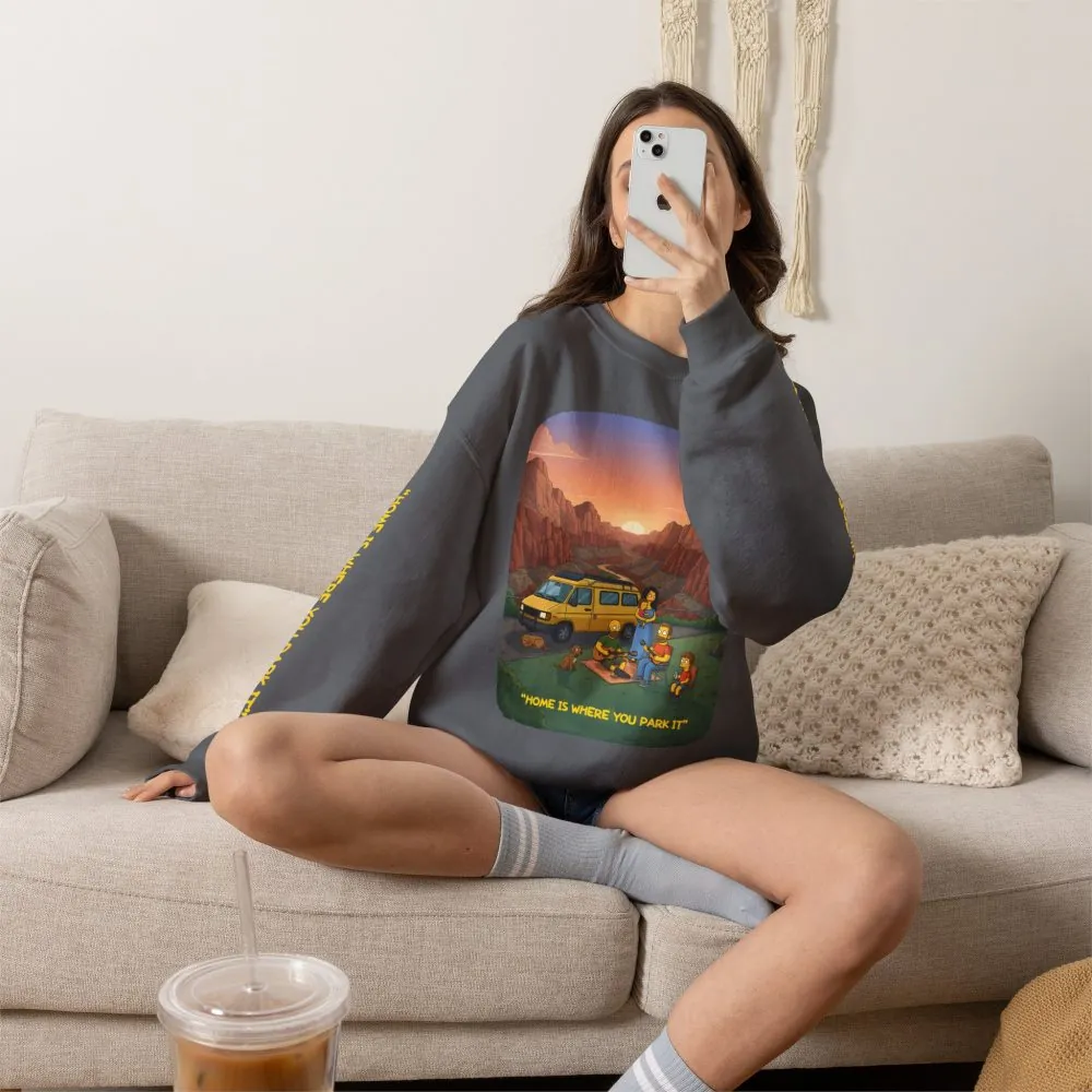 Unisex Heavy Blend™ Crewneck Sweatshirt — "Home Is Where You Park It" Design Sitcom-Line