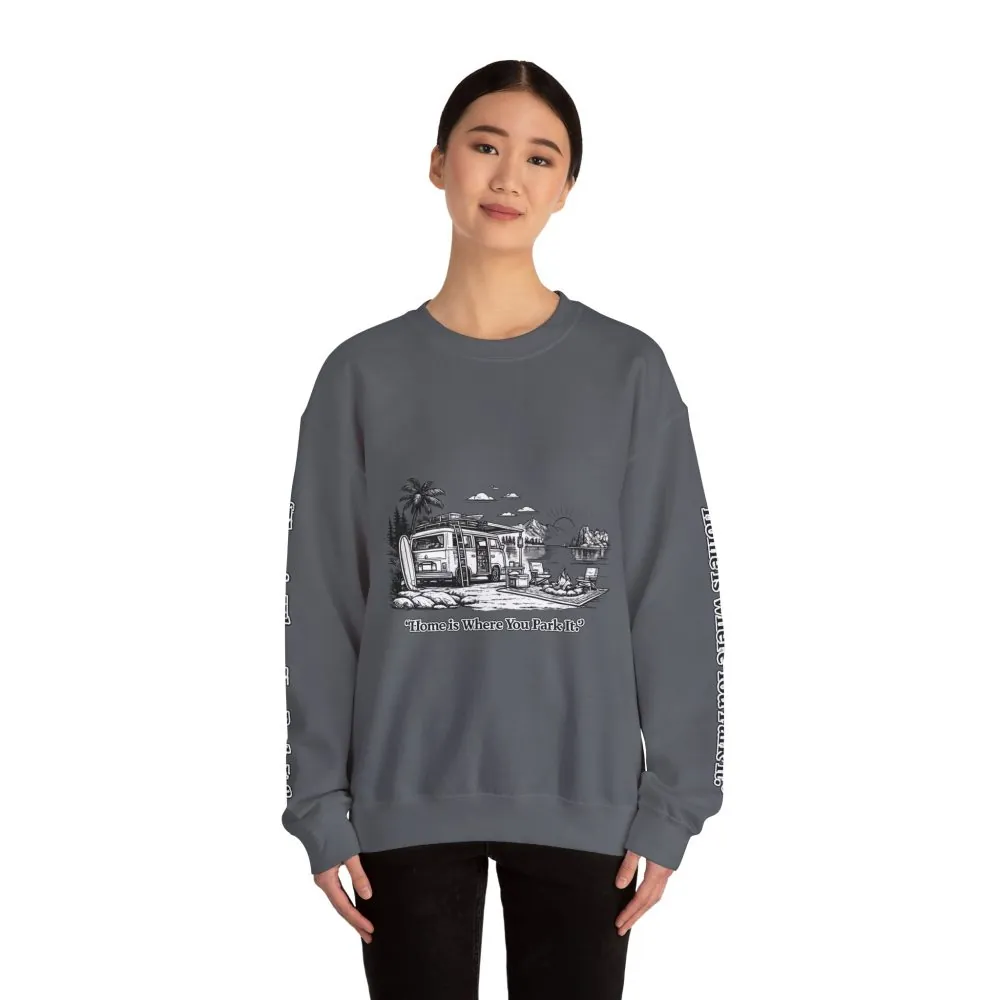 Unisex Heavy Blend™ Crewneck Sweatshirt — "Home Is Where You Park It" Design Minimal-Line
