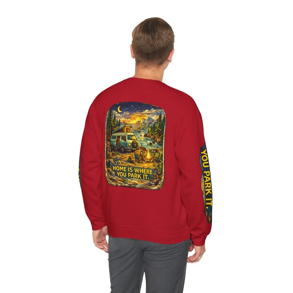 Unisex Heavy Blend™ Crewneck Sweatshirt — "Home Is Where You Park It" Design Cubic-Line