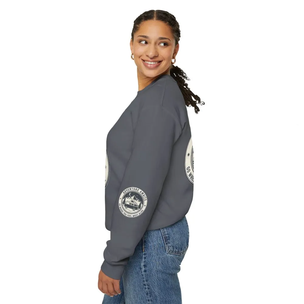 Crewneck Sweatshirt — "Adventure Awaits-Go Where You Feel Most Alive" (Font + Back + Sleaves printed) Vintage Camper Van Outdoor Graphic
