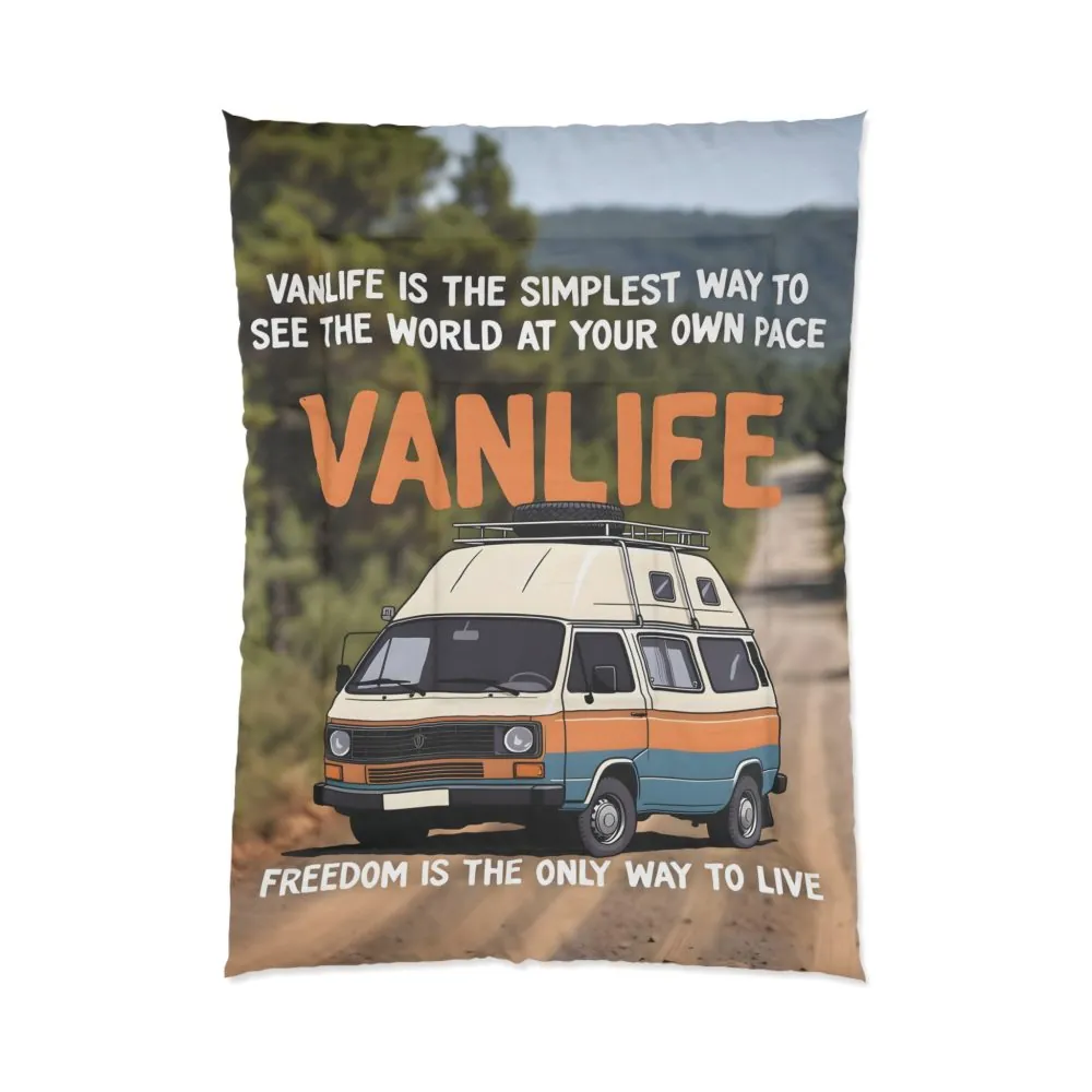 Comforter — "Vanlife freedom is the only way to live" Vintage Camper Van Graphic Comforter
