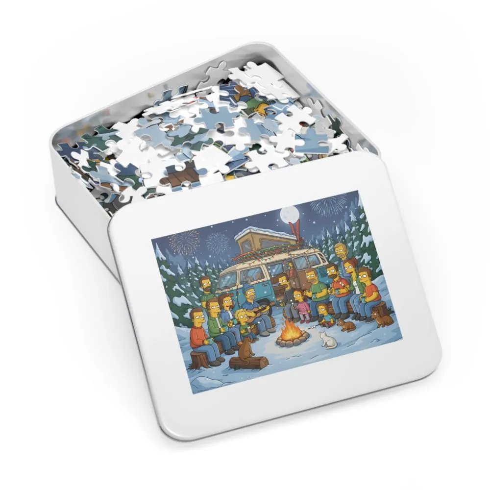 Jigsaw Puzzle with Tin — Winter Campfire Scene