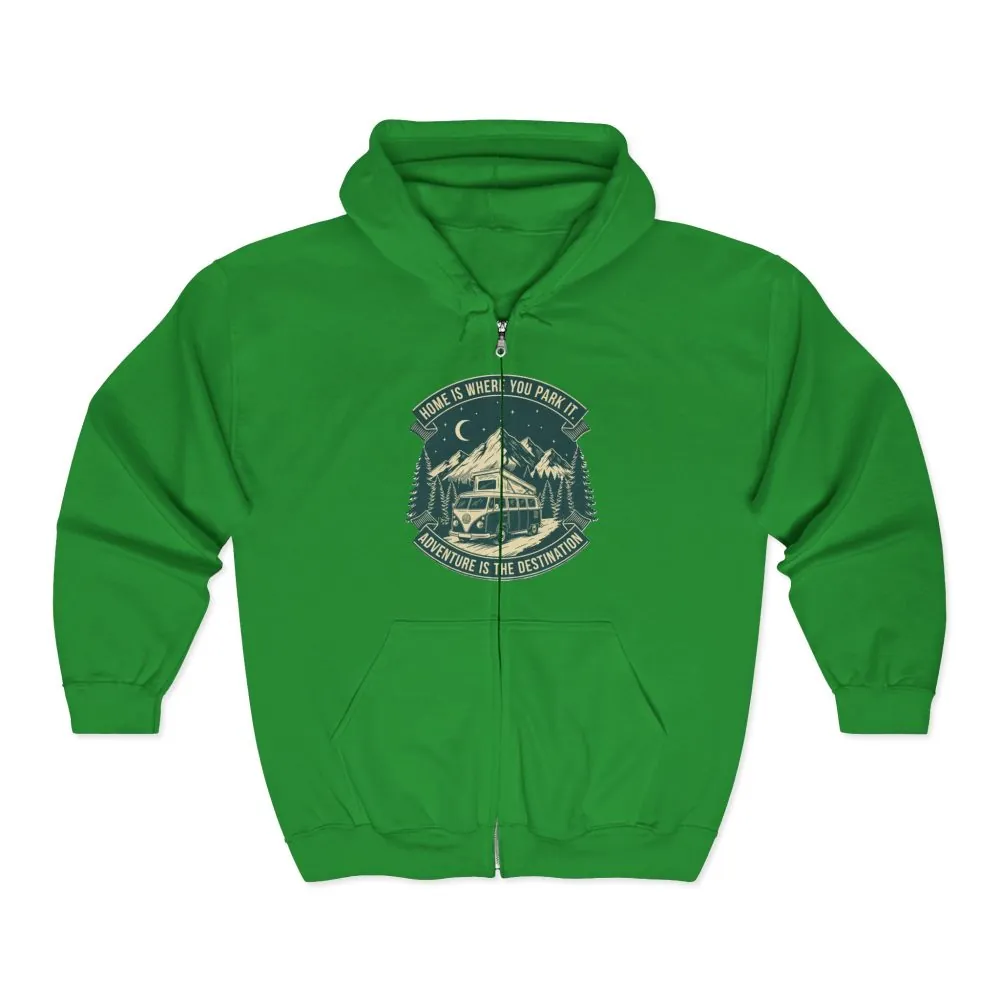 15193849497752387765_2048.jpeg Zip Hoodie — "Home Is Where You Park It-Adventure is the destination"(Only Front Printed) Camper Van Adventure Zip-Up