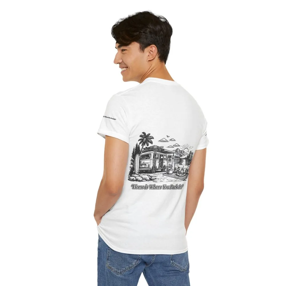 Unisex Heavy Cotton Tee — "Home Is Where You Park It" Design Minimal-Line