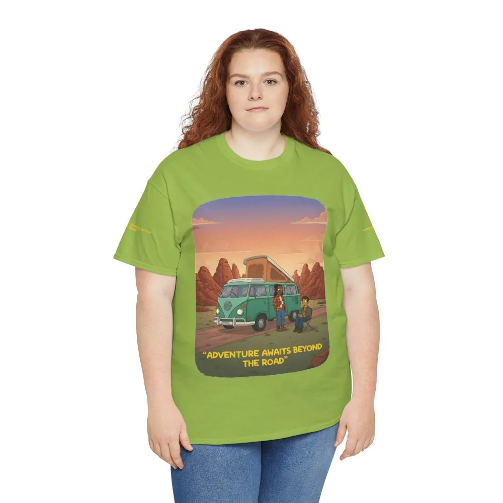 Unisex Heavy Cotton Tee — "Adventure Awaits Beyond The Road" Design Sitcom-Line