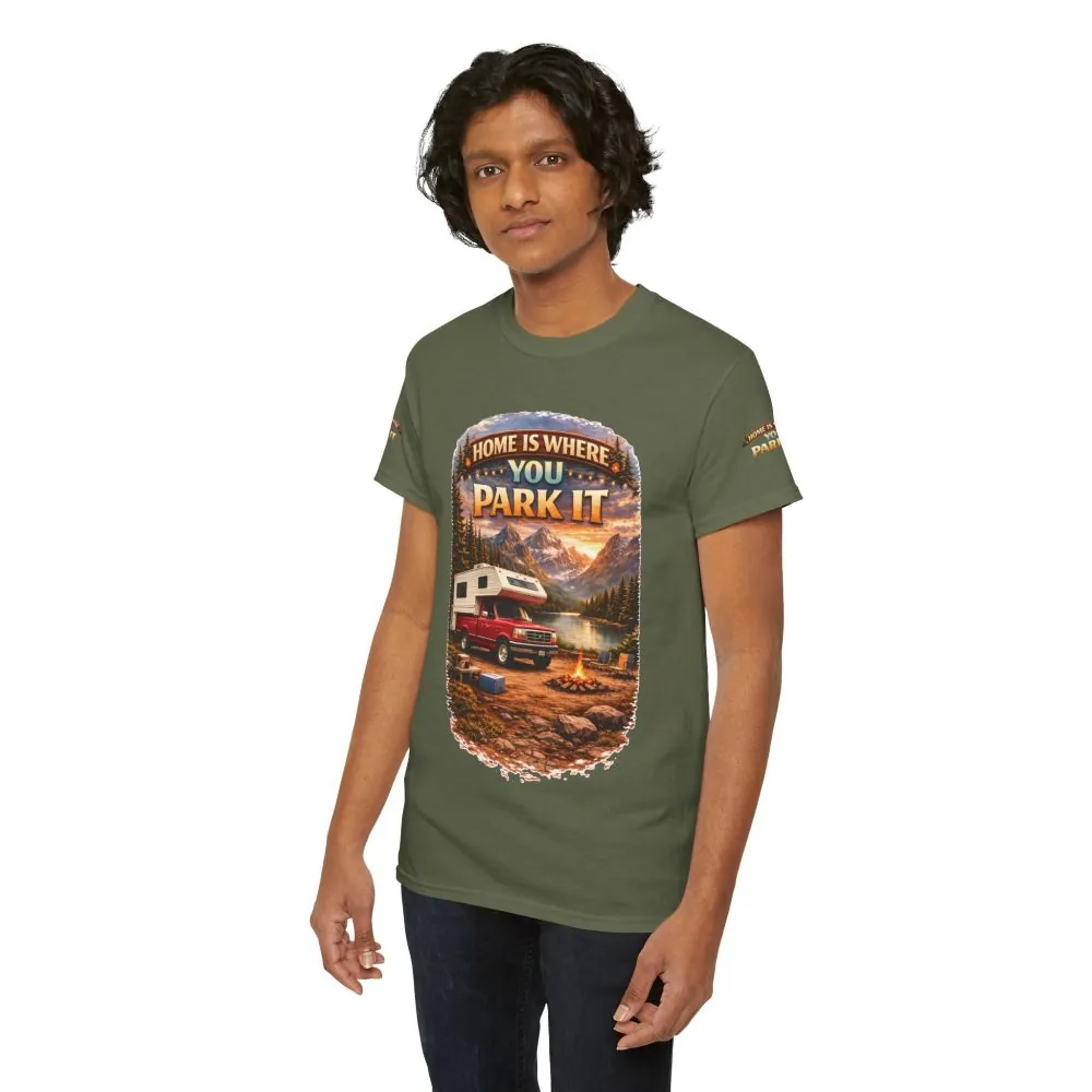 Unisex Heavy Cotton Tee — "Home Is Where You Park It" Design Scenic-Line