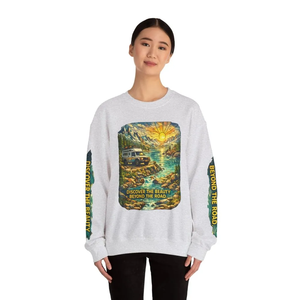 Unisex Heavy Blend™ Crewneck Sweatshirt — "Discover The Bieuty Beyond The Road" Design Cubic-Line