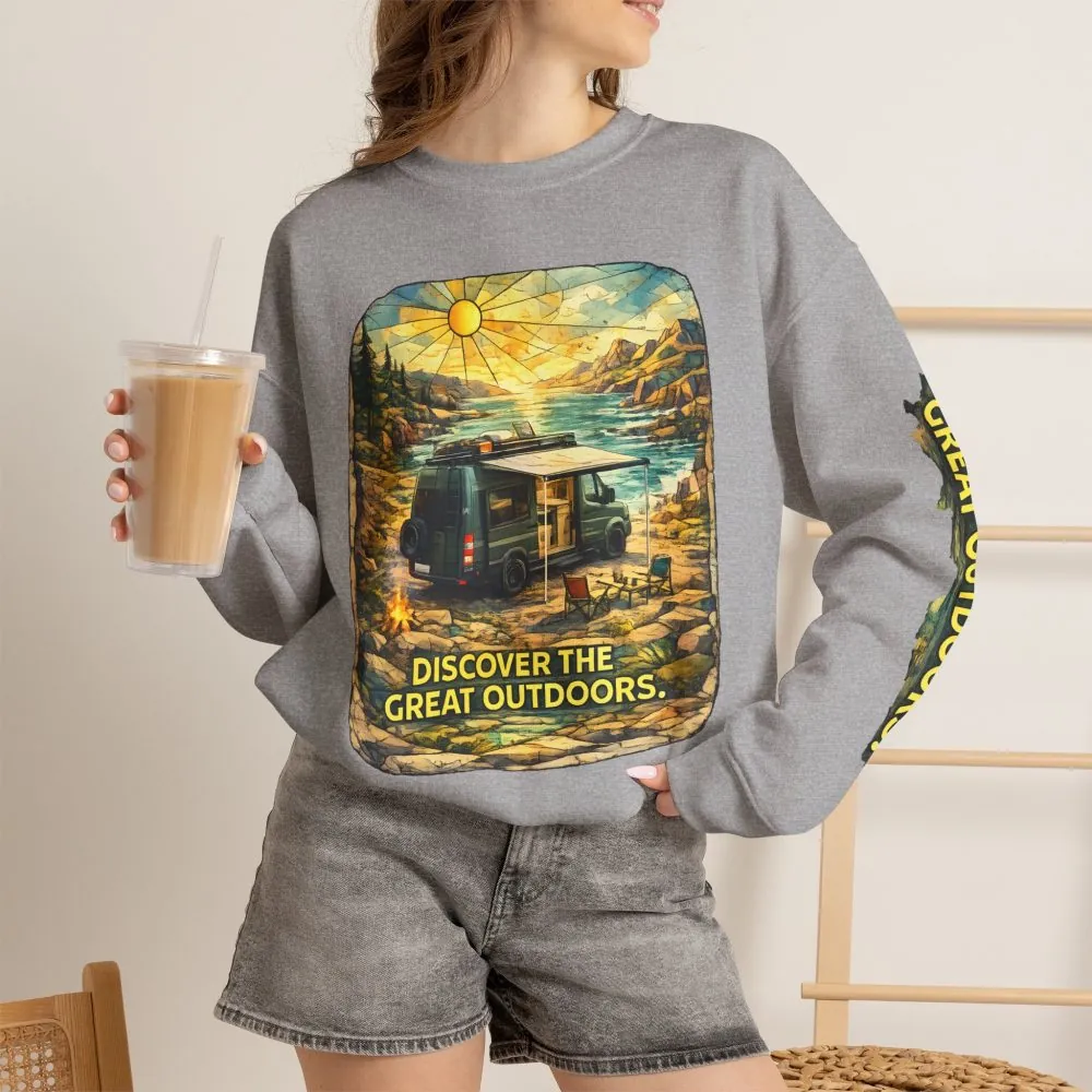 Unisex Heavy Blend™ Crewneck Sweatshirt — "Discover The Great Outdoors" Design Cubic-Line