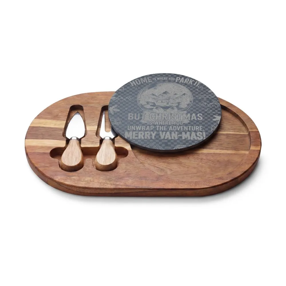 15237095863501846972_2048.jpeg "Gift" Engraved Oak Charcuterie Board with Cheese Tools — "Home Is Where You Park It-But Christmas Is Where You Unwrap The Adventure - Merry Van-mas"
