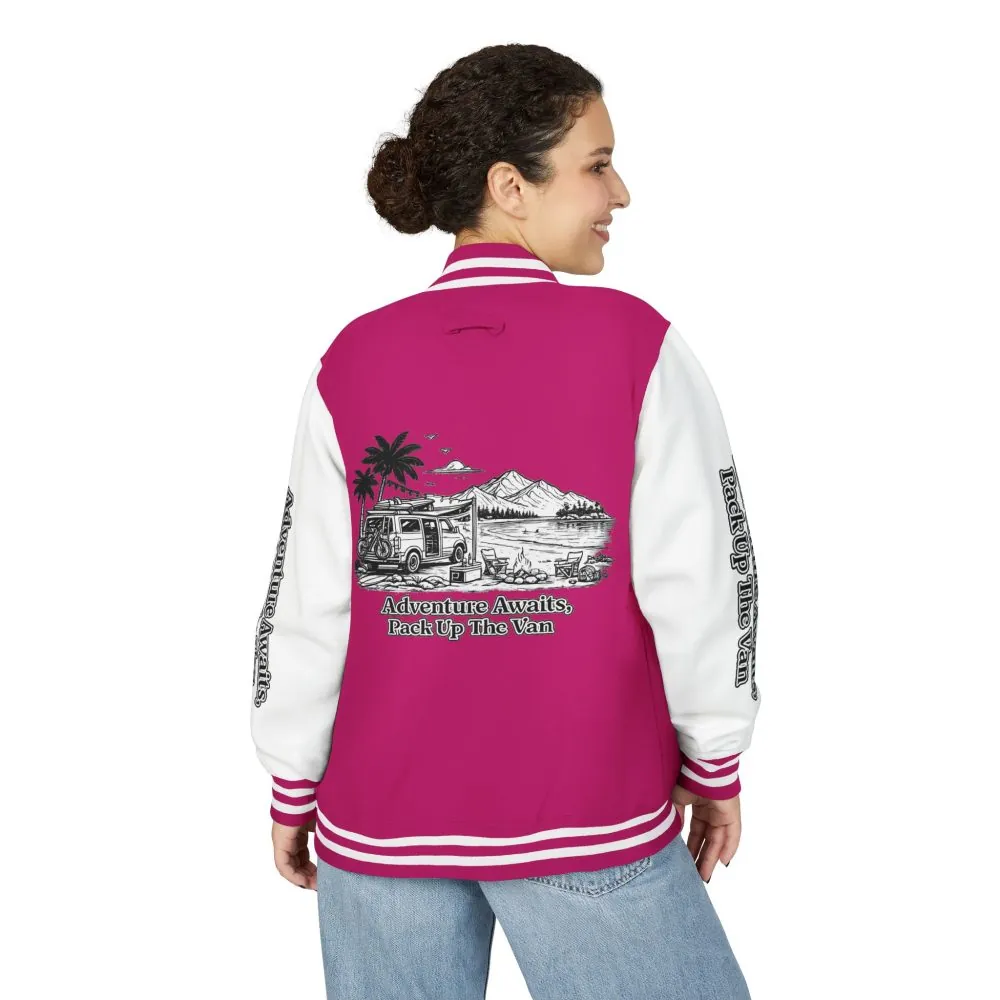 Unisex Heavyweight Letterman Jacket — "Adventure Awaits,Pack Up The Van" Travel Varsity Coat