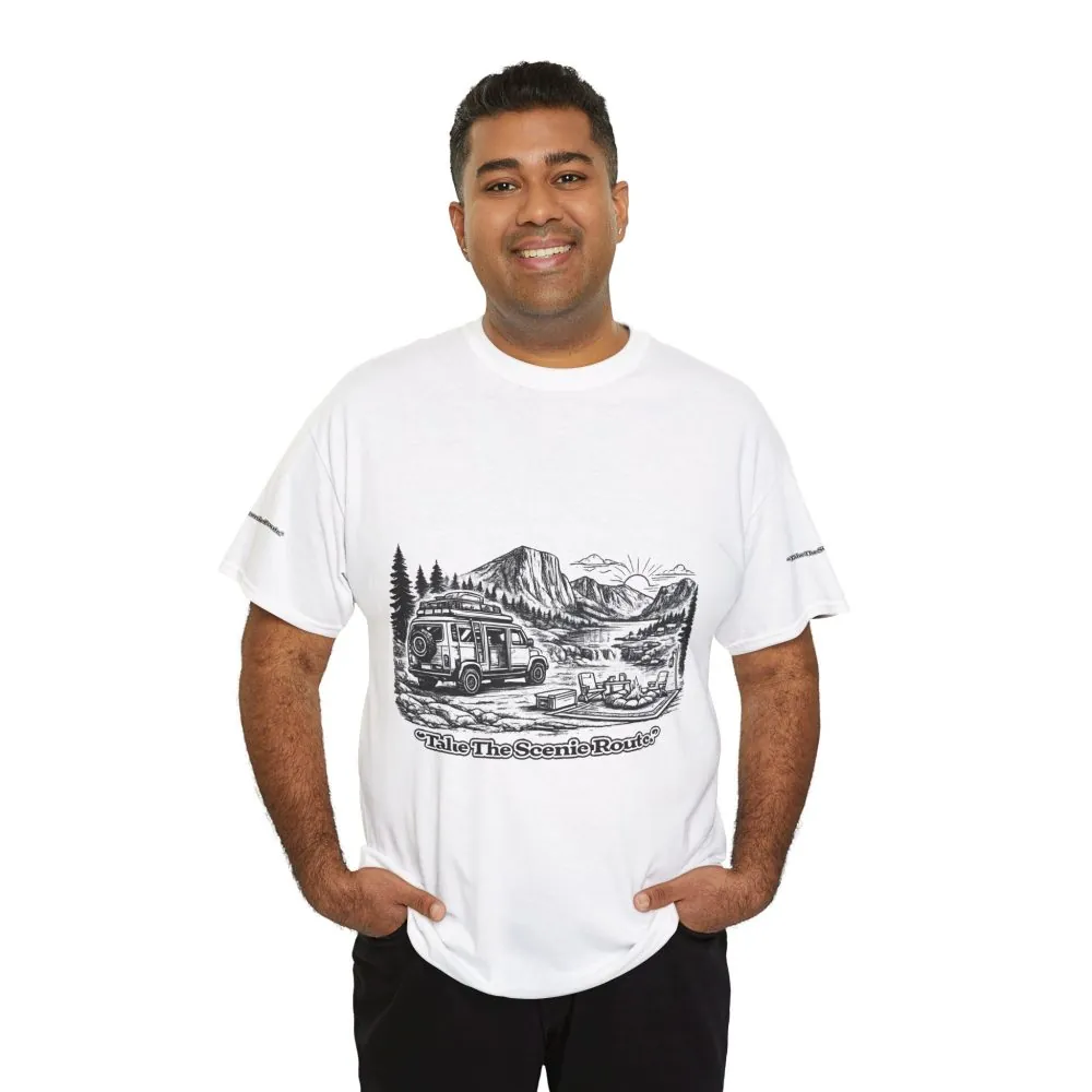 Unisex Heavy Cotton Tee — "Take The Scenic Route" Design Minimal-Line