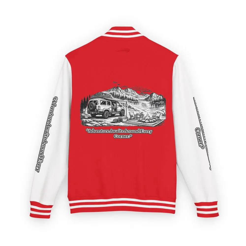 Unisex Heavyweight Letterman Jacket — "Adventure Awaits Around Every Corner" Travel Varsity Coat